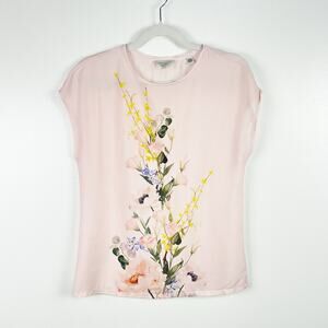 Ted Baker Blush Pink Yellow Floral Graphic Cap Sleeve Blouse Size 1